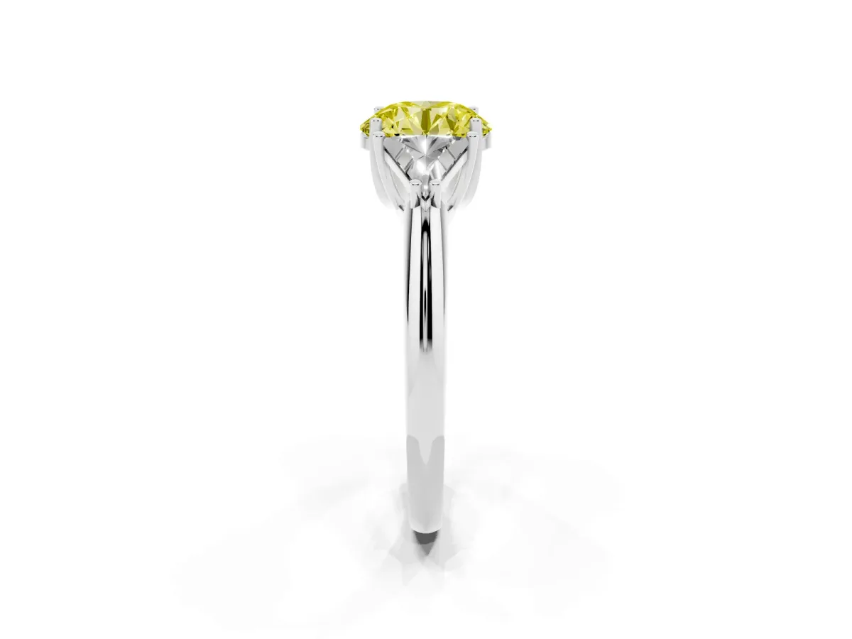 Fancy Yellow Three-Stone Round Cut Diamond Engagement Ring with Trillion Side Stones and Prong Setting Silver