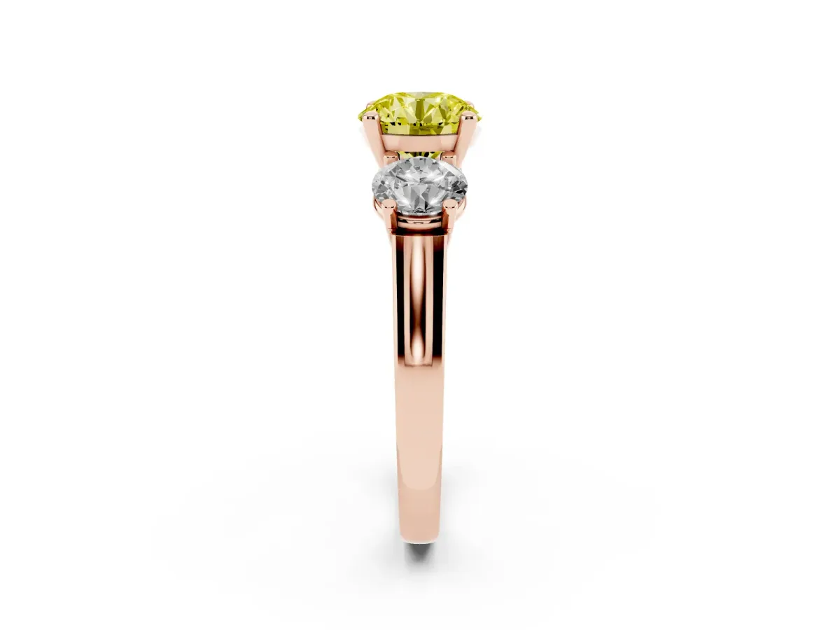 Fancy Yellow Three-Stone Round Cut Brilliant Diamond Trellis Ring with Comfort Fit Band Rose gold