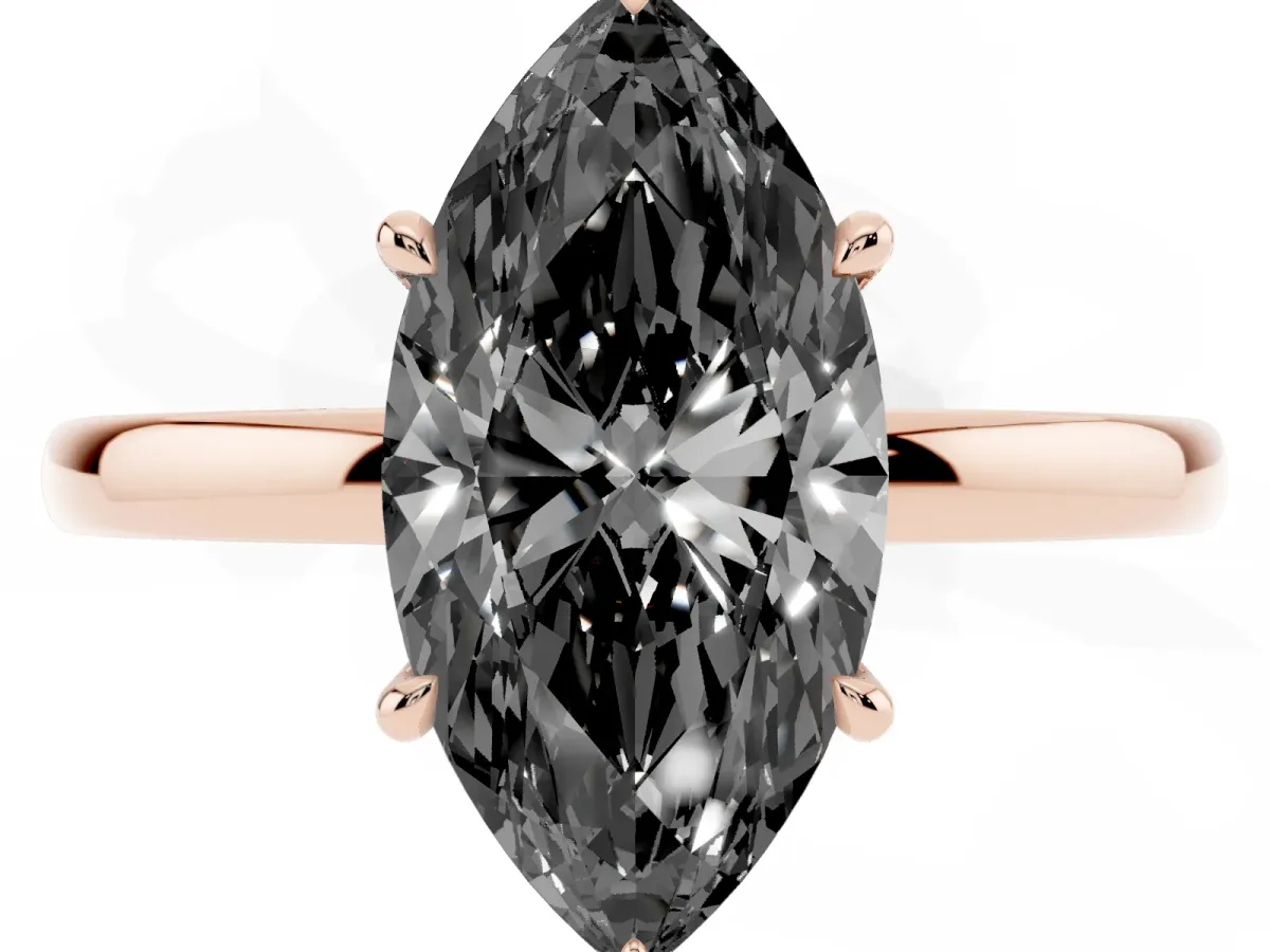 Fancy Black Marquise Cut Solitaire Engagement Ring with Cathedral Band and Four-Prong Setting Rose gold