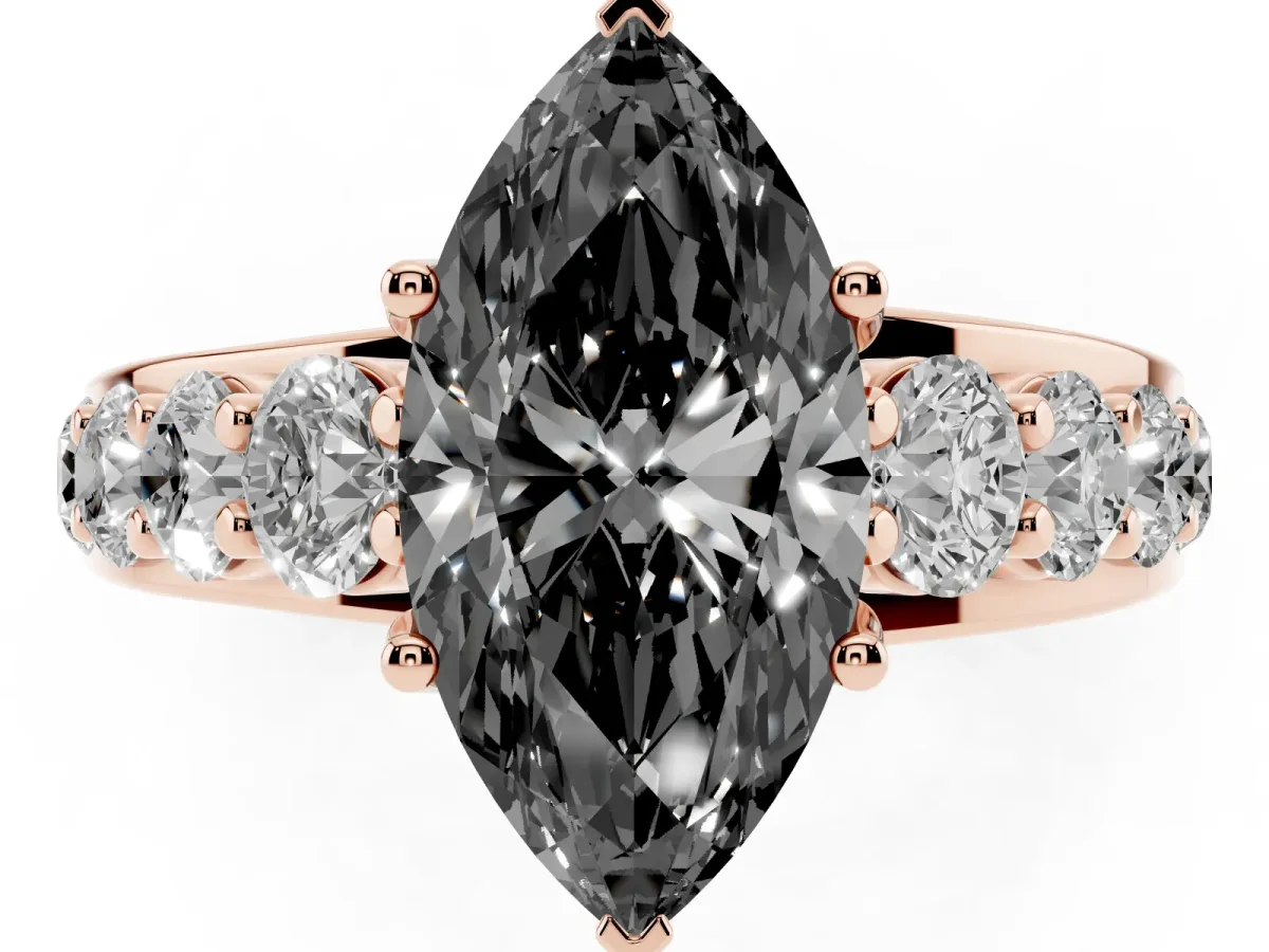 Fancy Black Marquise Cut Diamond Engagement Ring with Pavé Band and Four-Prong Setting Rose gold