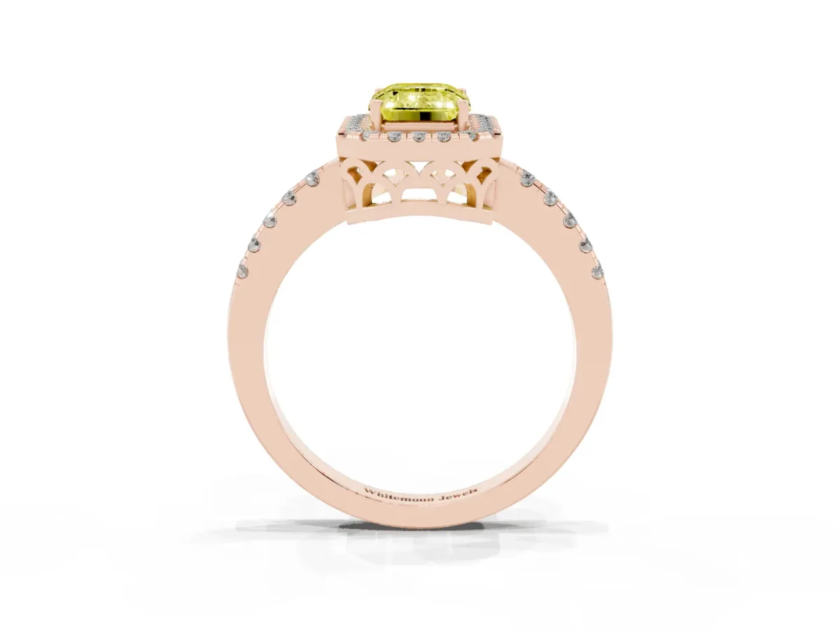 Fancy Yellow Emerald Cut Halo Diamond Engagement Ring with Pavé Band and Four-Prong Setting Rose gold