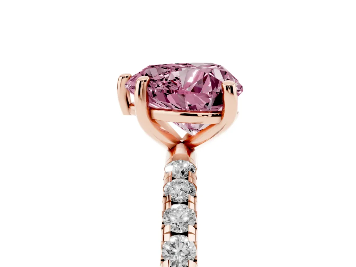Fancy Pink Heart Cut Cut Diamond Solitaire Ring with Micro Pave Band and Four Prong Setting Rose gold