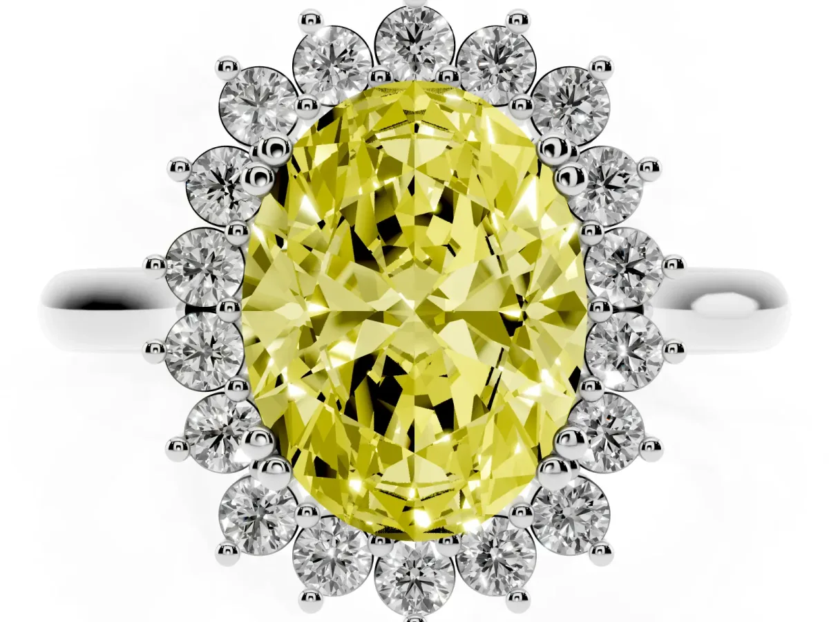 Fancy Yellow Oval Cut Cut Diamond Halo Ring with Solitaire Band and Prong Setting Platinum