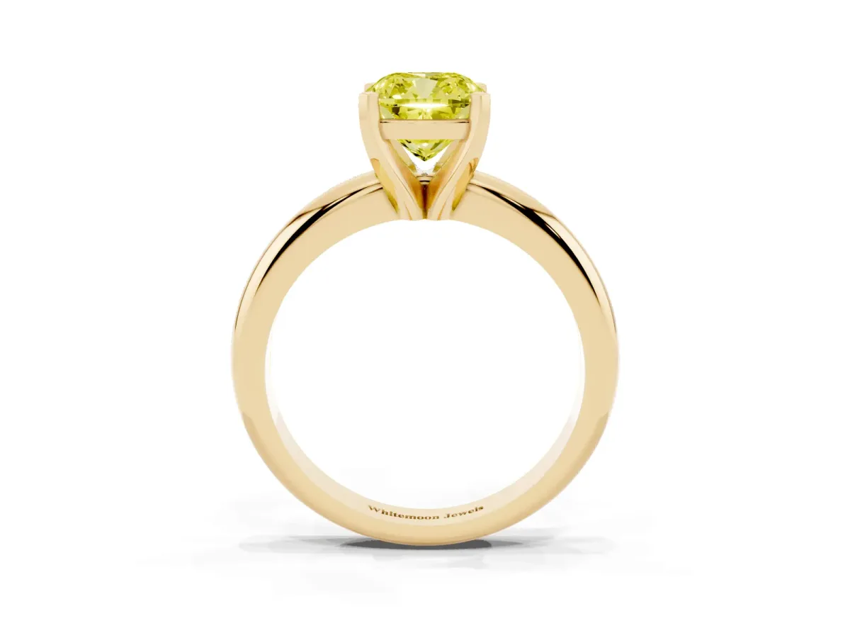 Fancy Yellow Cushion Cut Diamond Solitaire Engagement Ring with Round Band and Four-Prong Setting Yellow gold