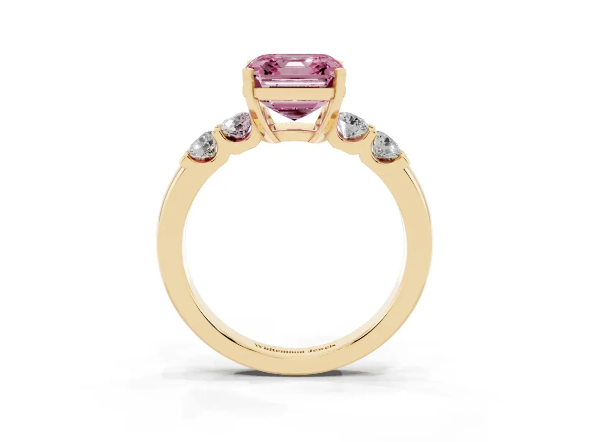 Fancy Pink Asscher Cut Brilliant Cut Diamond Five-Stone Prong Set Engagement Ring with Channel Band Yellow gold