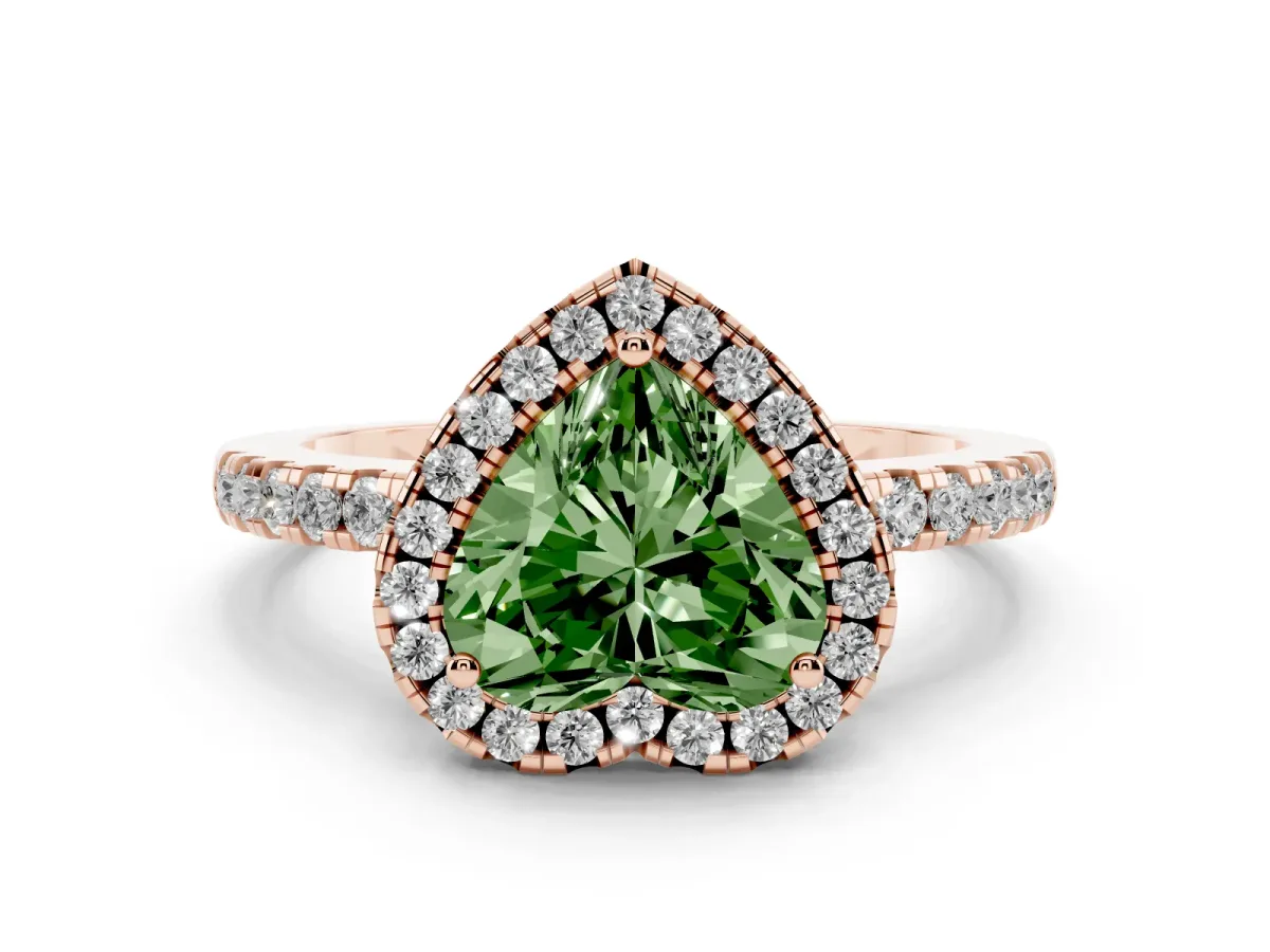 Fancy Green Heart Cut Halo Diamond Engagement Ring with Pavé Band and Four-Prong Setting Rose gold