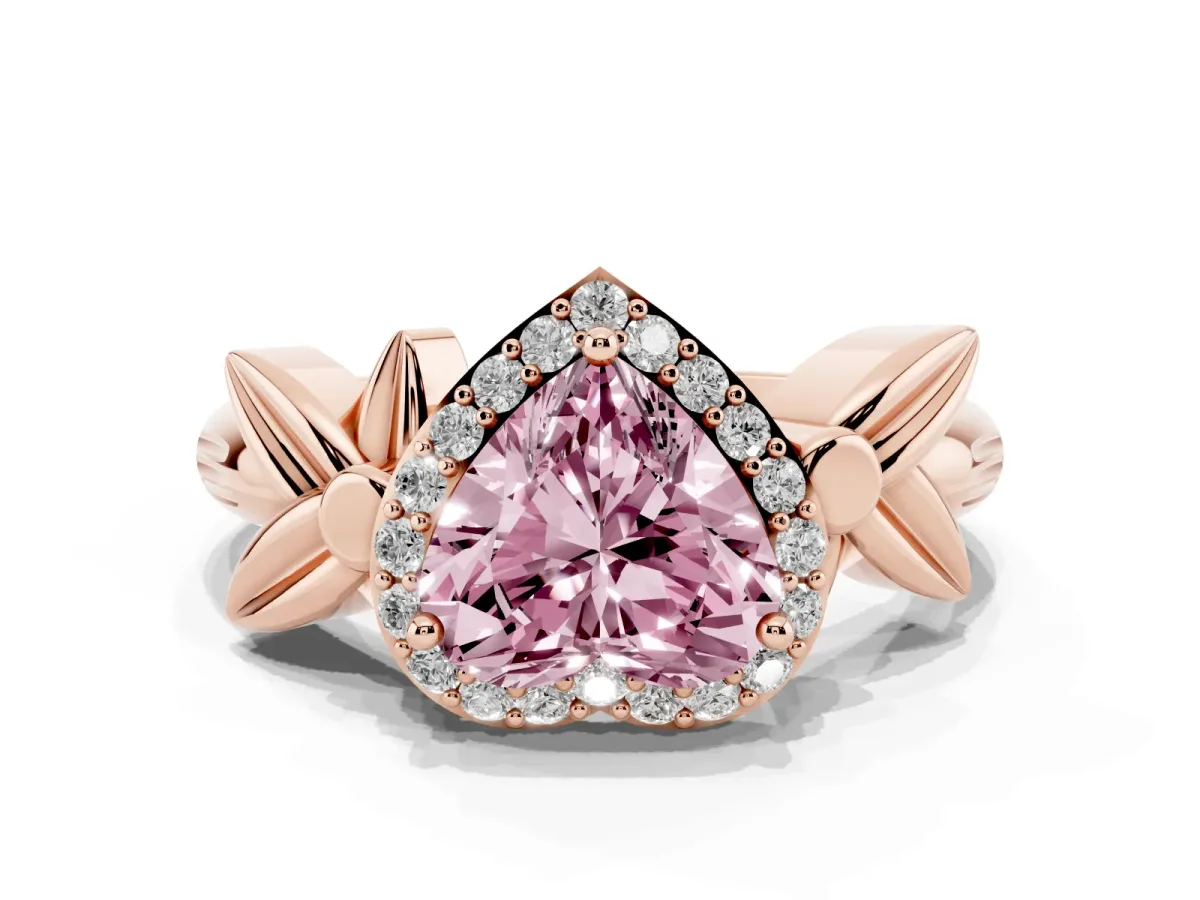 Fancy Pink Heart Cut Halo Diamond Floral Band with Four-Prong Setting Rose gold