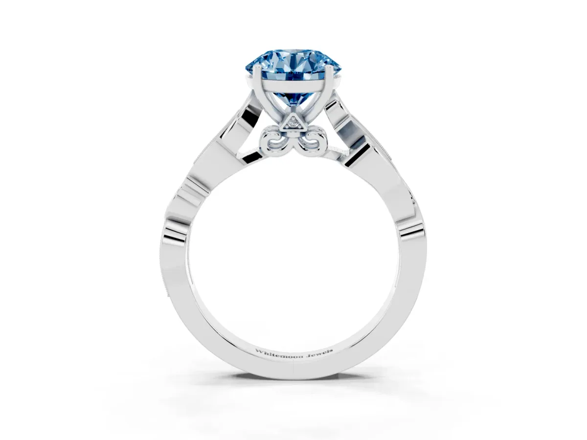 Fancy Blue Round Cut Solitaire Vine Band with Milgrain Prong Setting Platinum