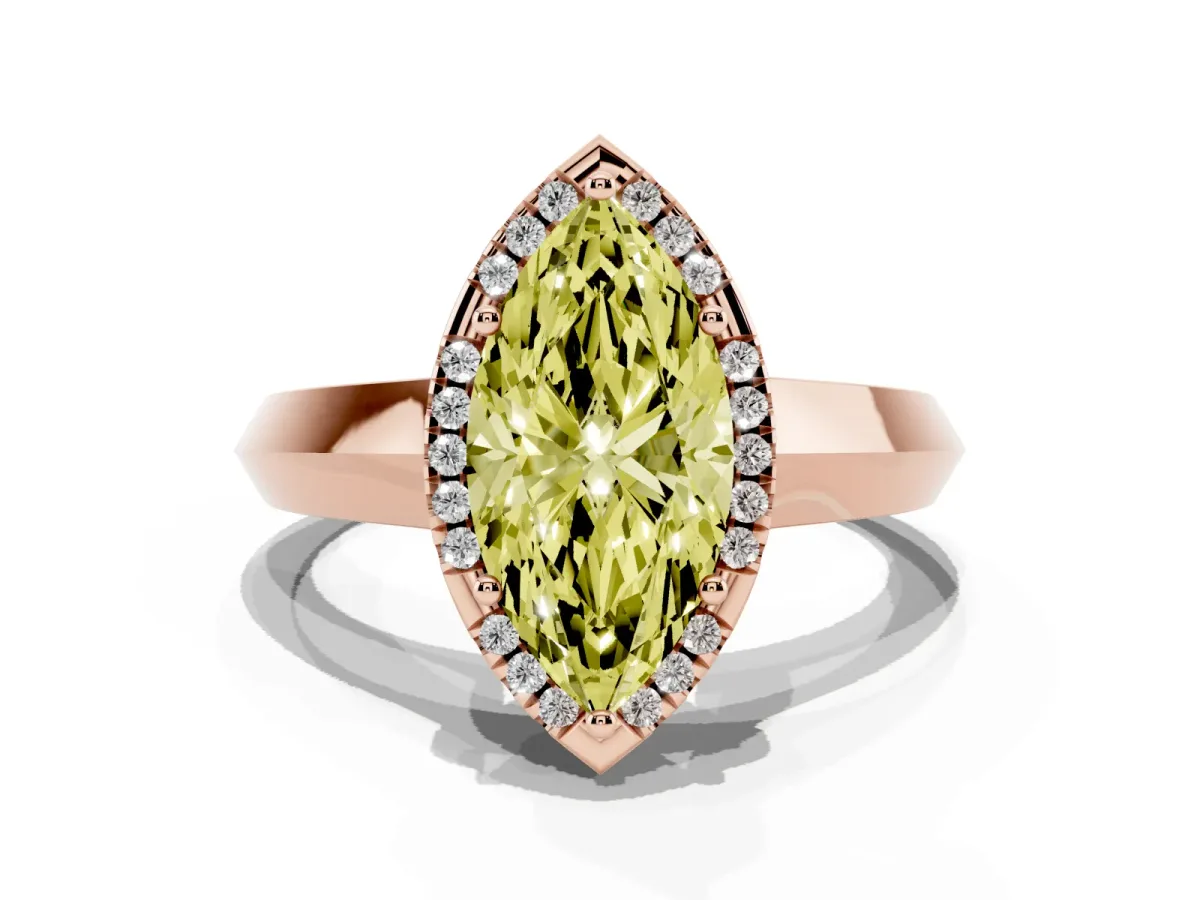 Fancy Yellow Marquise Cut Halo Diamond Ring with Cathedral Band and Four-Prong Setting Rose gold