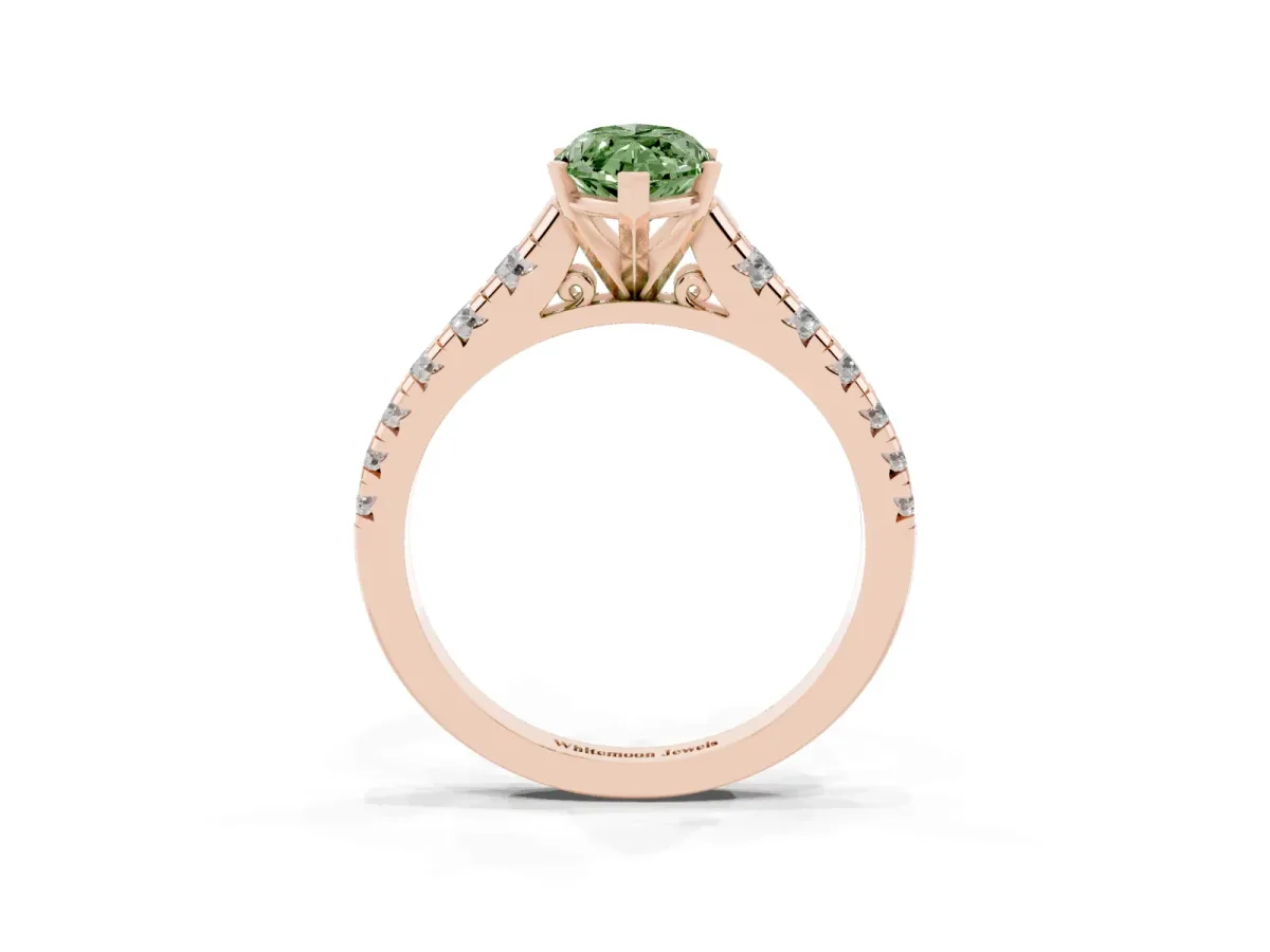 Fancy Green Marquise Cut Diamond Cathedral Solitaire Ring with Round Pavé Band Rose gold