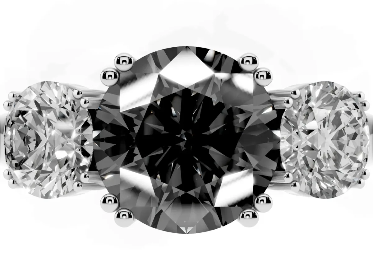 Fancy Black Three-Stone Round Cut Cut Diamond Ring with Channel Set Band and Four-Prong Setting Platinum