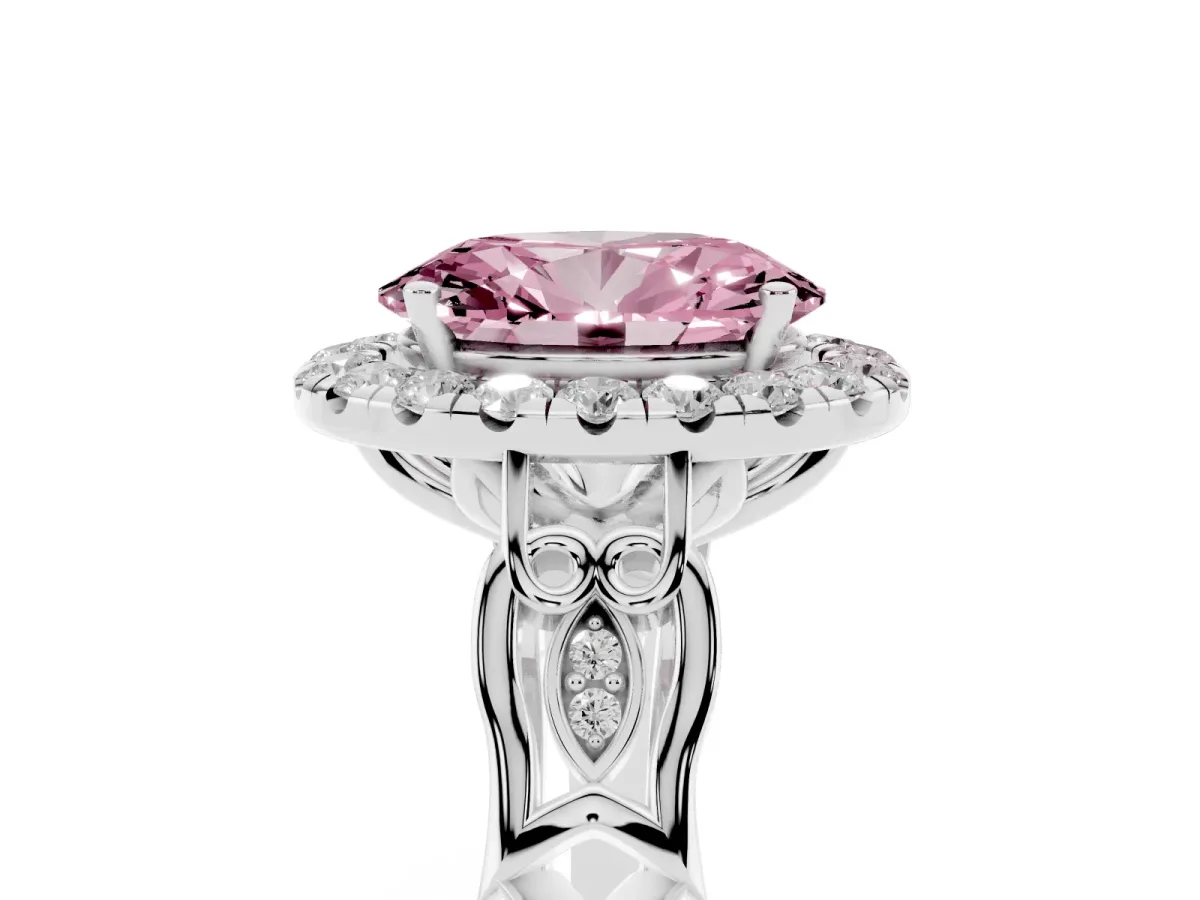 Fancy Pink Oval Cut Halo Diamond Engagement Ring with Filigree Band and Four-Prong Setting White gold