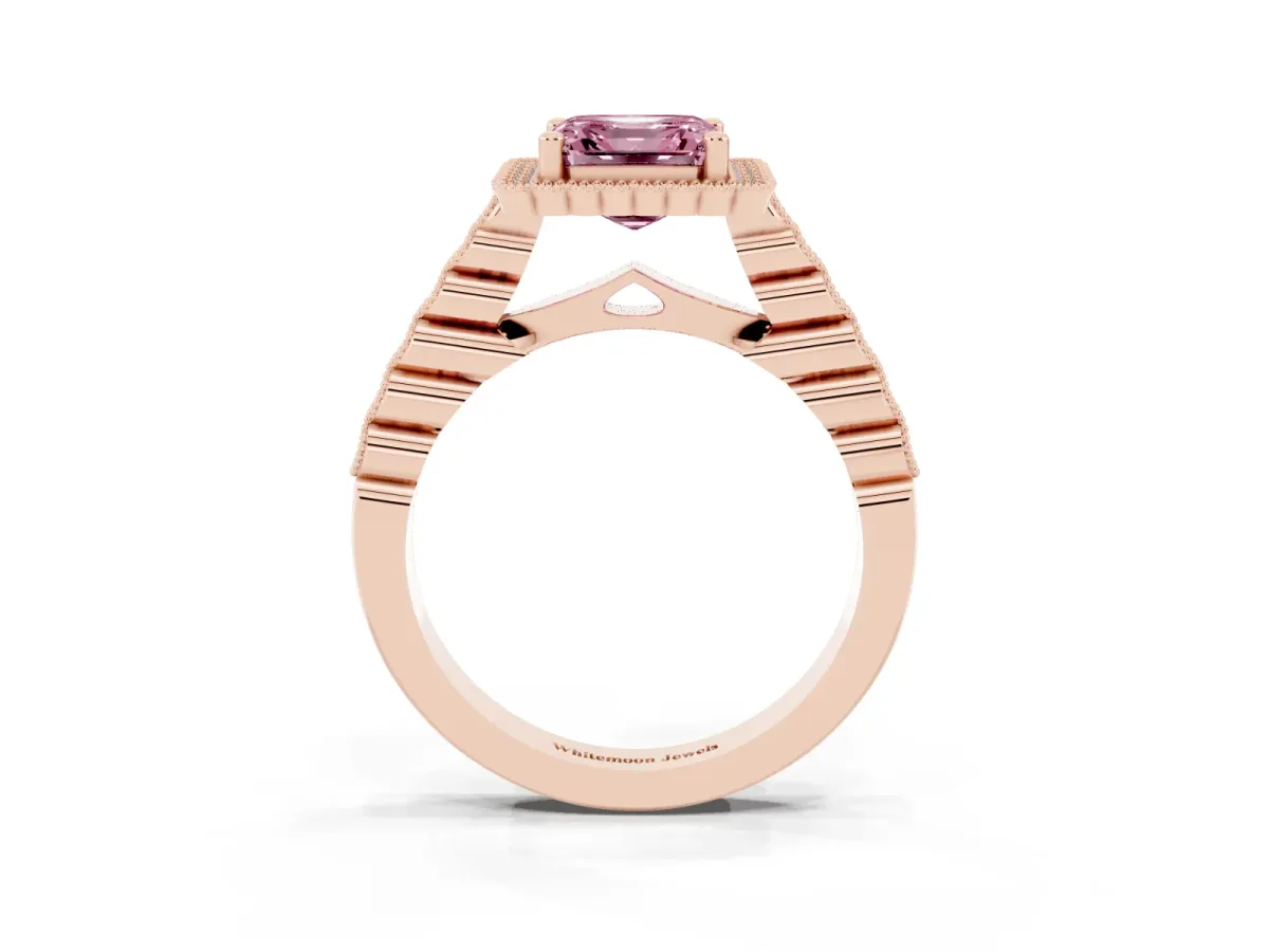 Fancy Pink Asscher Cut Cut Halo Pavé Solitaire Ring with Milgrain Band Rose gold