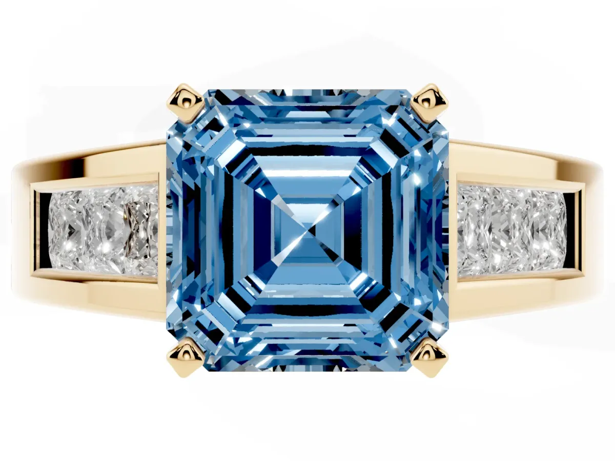 Fancy Blue Asscher Cut Cut Channel Set Solitaire Ring with Four-Prong Setting Yellow gold