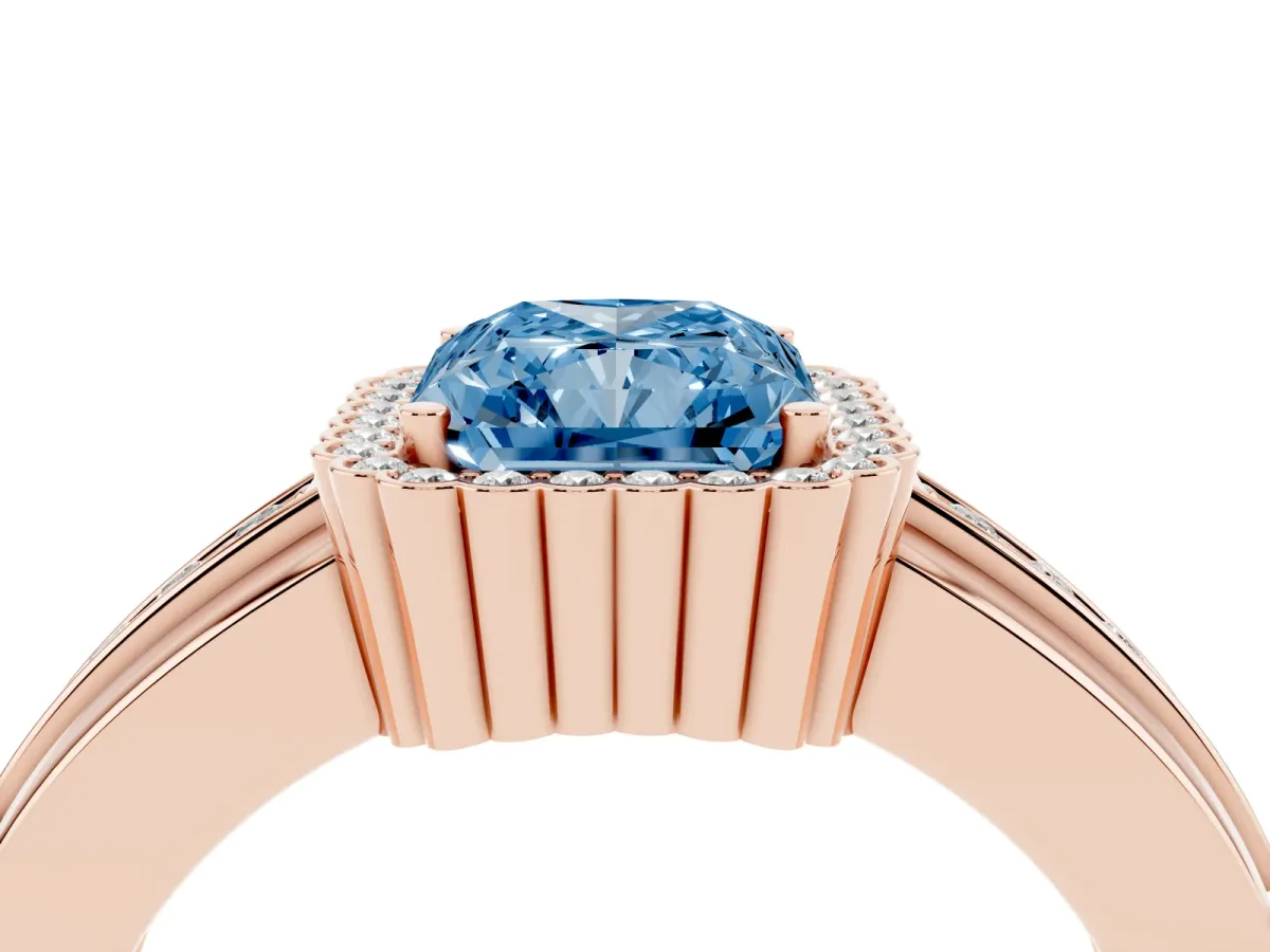 Fancy Blue Radiant Cut Cut Halo Pave Band Four-Prong Ring Rose gold