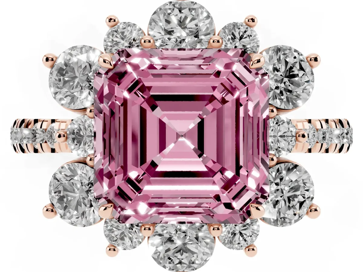 Fancy Pink Asscher Cut Diamond Floral Halo Ring with Round Pavé Band and Prong Setting Rose gold
