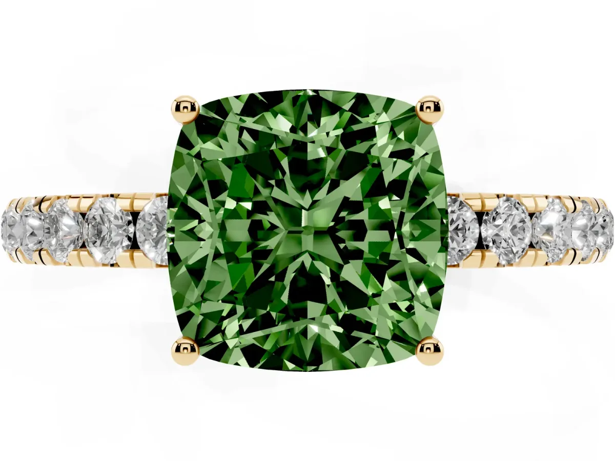 Fancy Green Cushion Cut Diamond Pavé Solitaire Engagement Ring with Four-Prong Setting Yellow gold