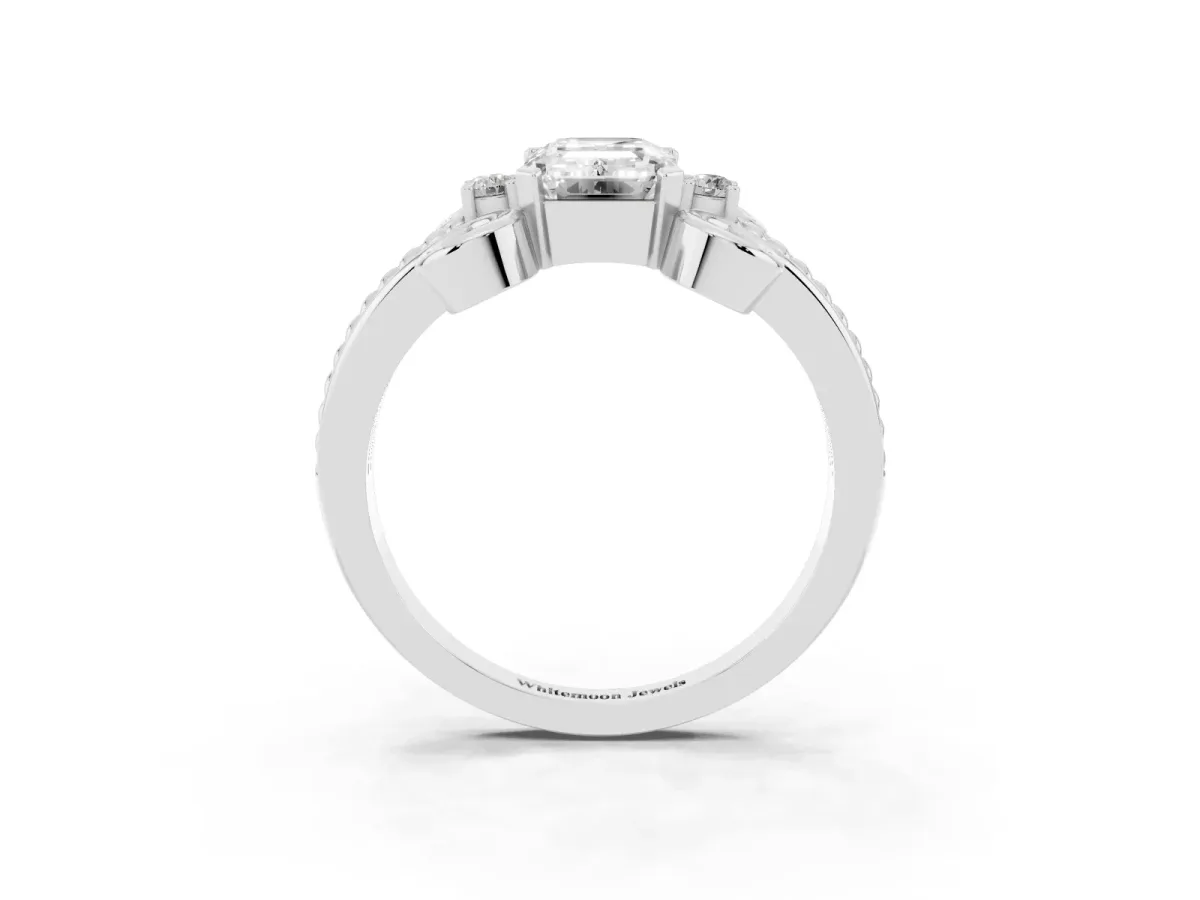 Emerald Cut Solitaire Twisted Band Scroll Prong Ring Silver