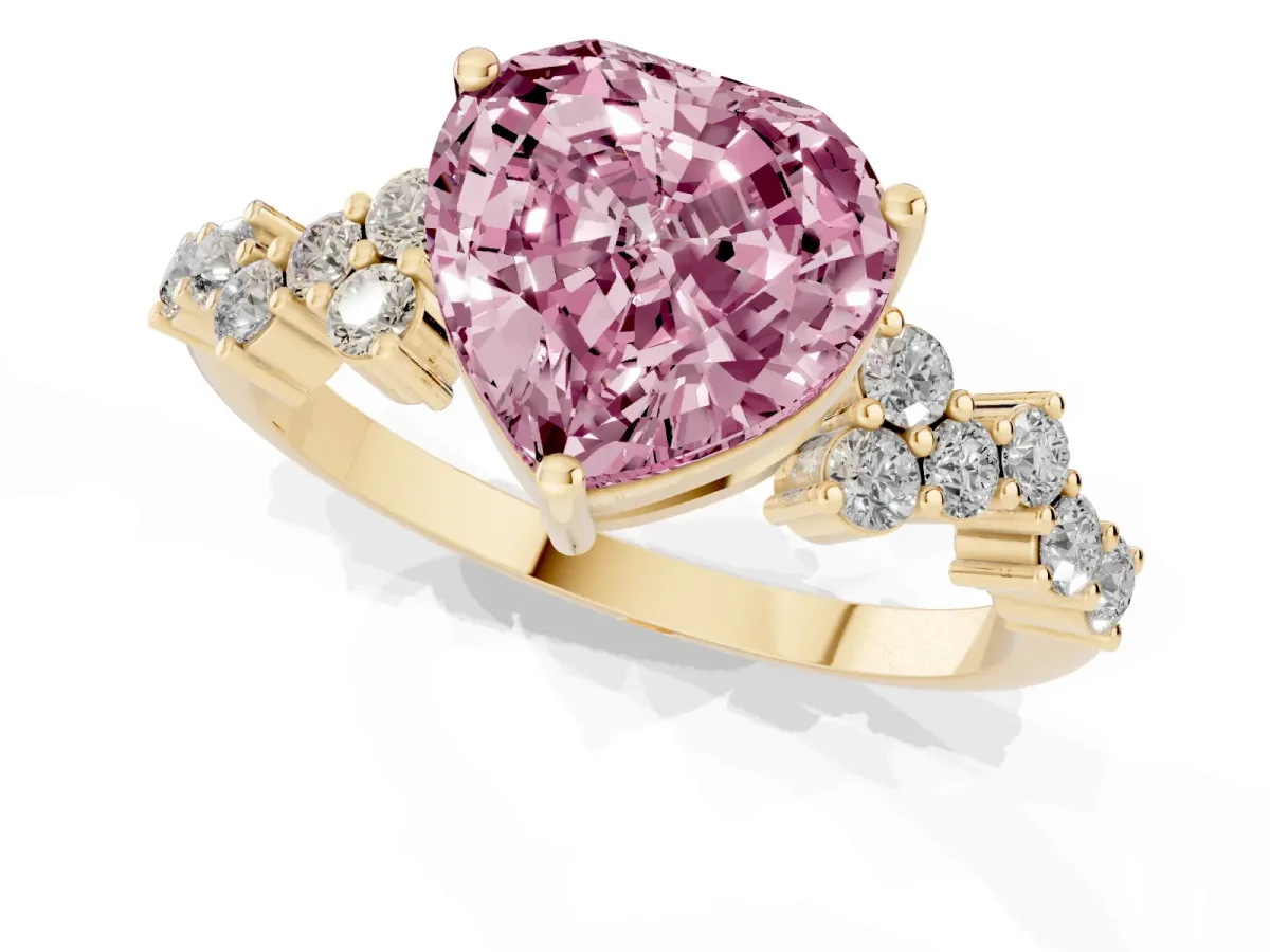 Fancy Pink Heart Cut Diamond Scattered Round Accent Ring with Prong Setting Yellow gold