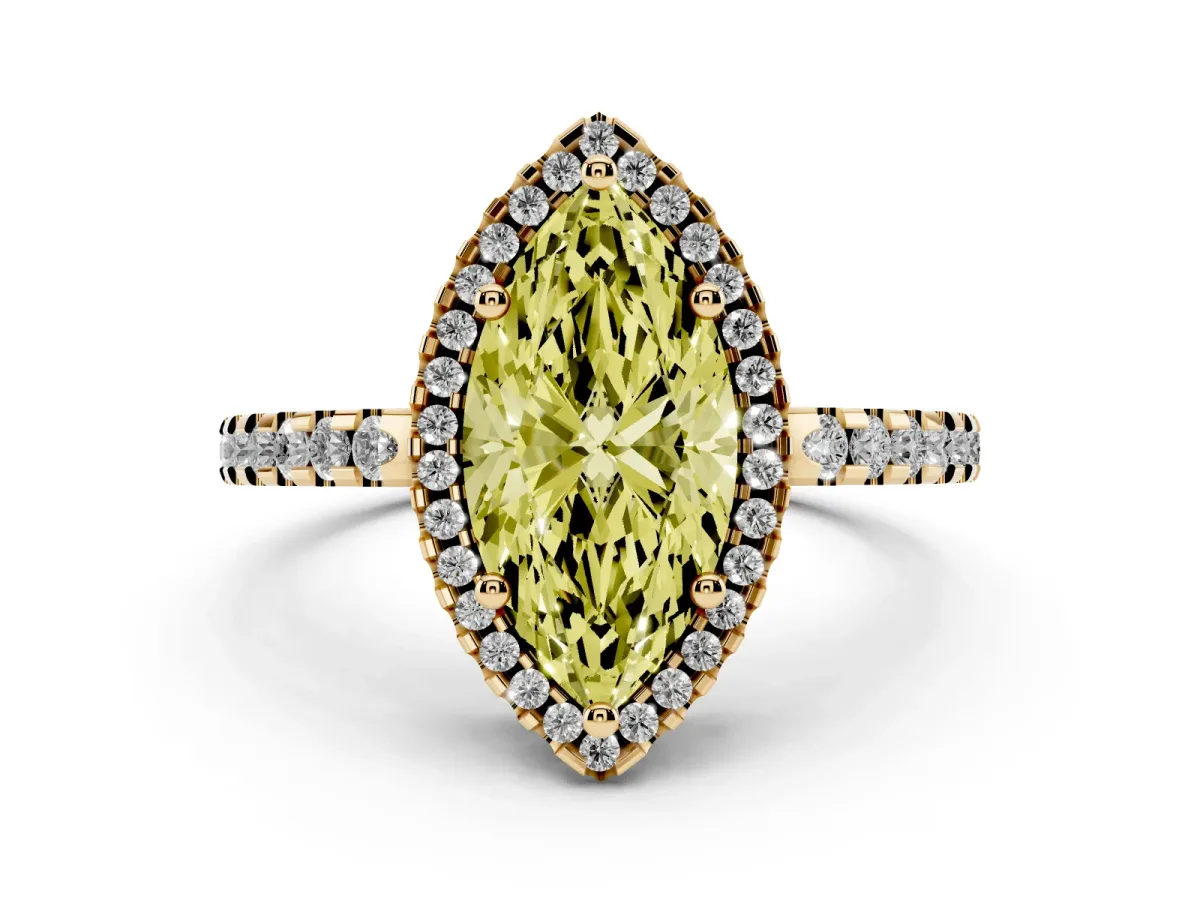 Fancy Yellow Marquise Cut Diamond Halo Engagement Ring with Pavé Band and Prong Setting Yellow gold