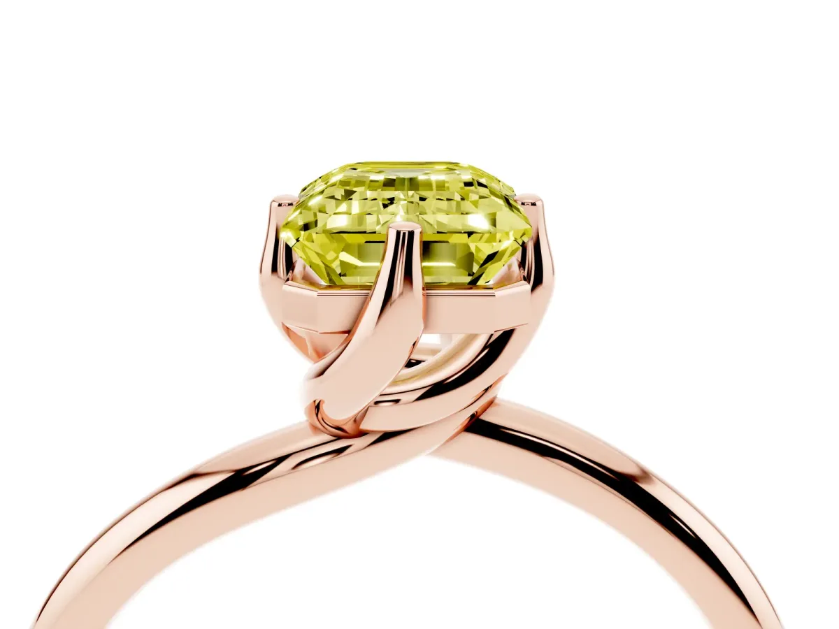 Fancy Yellow Emerald Cut Diamond Solitaire Engagement Ring with Four-Prong Setting and Classic Band Rose gold