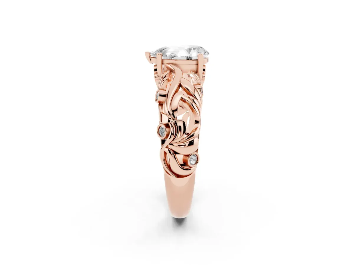 Pear Cut Solitaire Diamond Leaf-Inspired Vine Band Ring with Prong Setting Rose gold