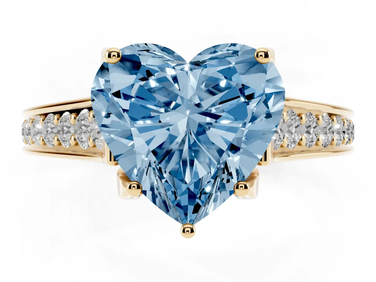 Fancy Blue Heart Cut Brilliant Cut Diamond Engagement Ring with Pavé Band and Four-Prong Setting Yellow gold