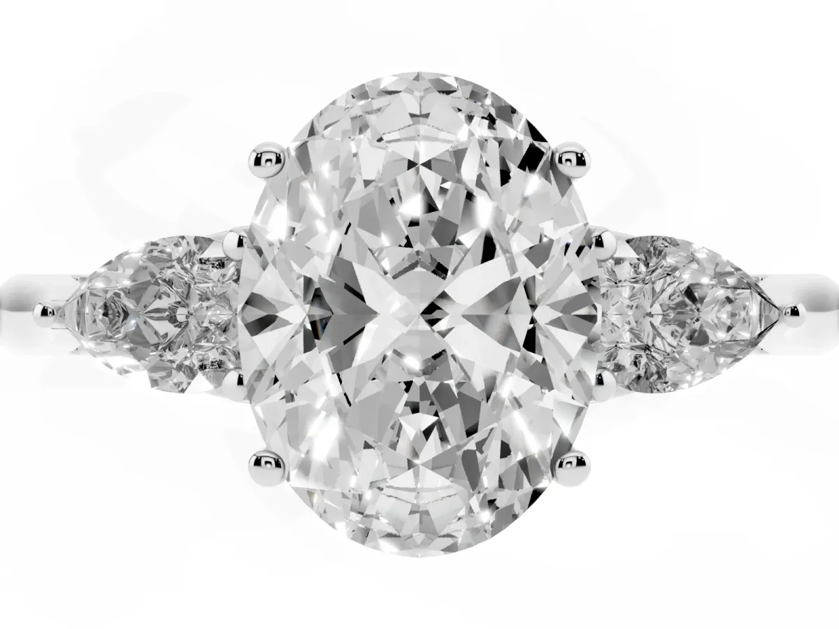 Oval Cut Diamond Three-Stone Ring with Pear Side Stones and Prong Setting Silver