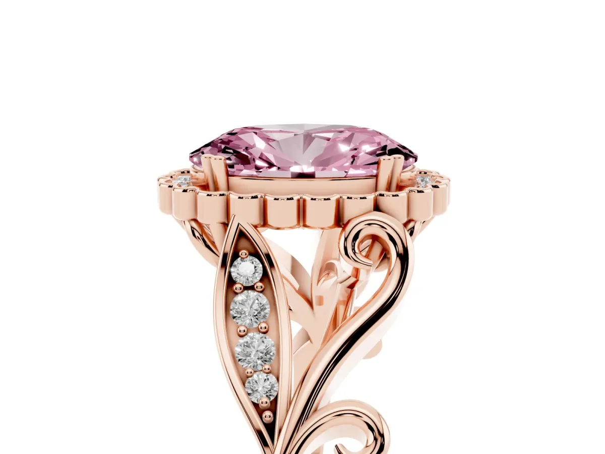 Fancy Pink Oval Cut Diamond Halo Ring with Vintage Split Shank and Four-Prong Setting Rose gold