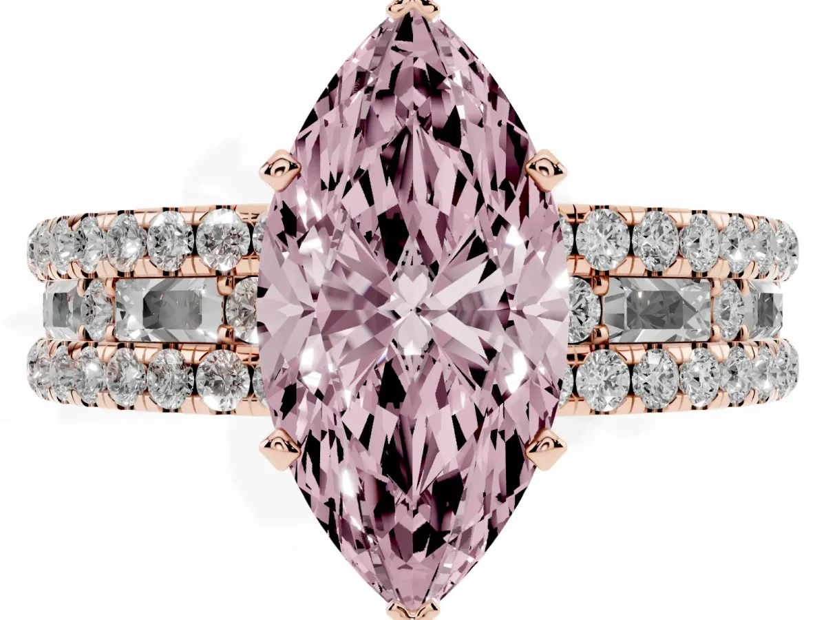 Fancy Pink Marquise Cut Diamond Solitaire Ring with Pavé and Channel Set Band Rose gold