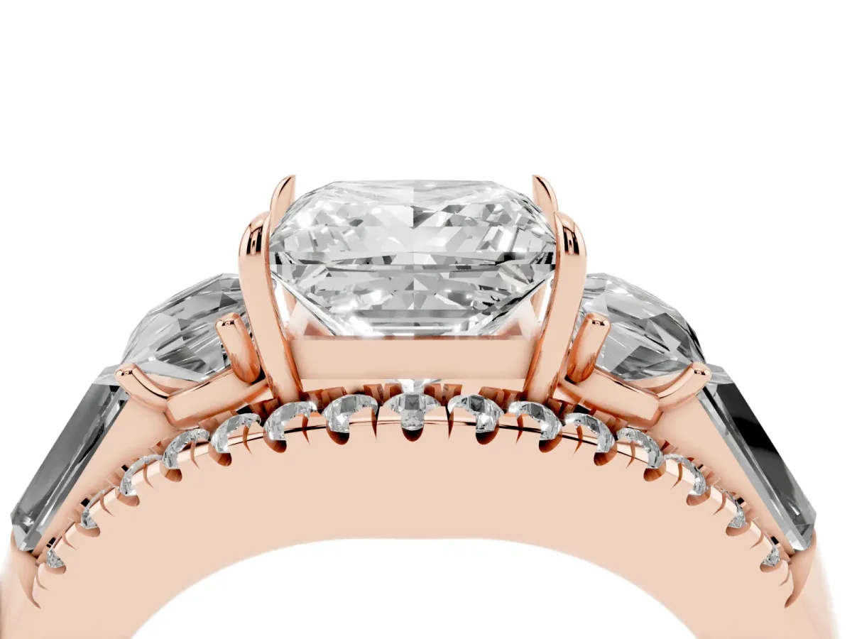 Three-Stone Princess Cut Diamond Engagement Ring with Pave Band and Prong Setting Rose gold