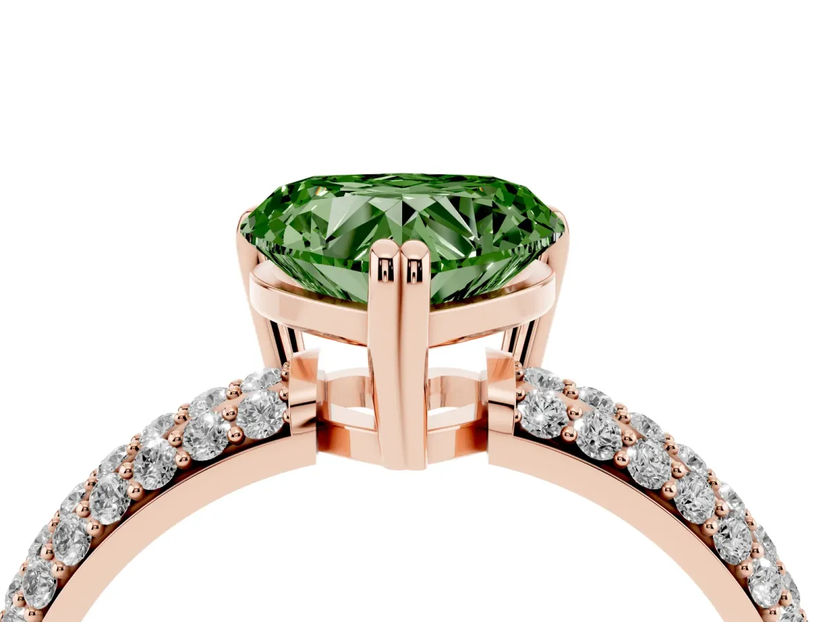 Fancy Green Heart Cut Diamond Solitaire Ring with Multi-Row Round Pavé Band and Prong Setting Rose gold