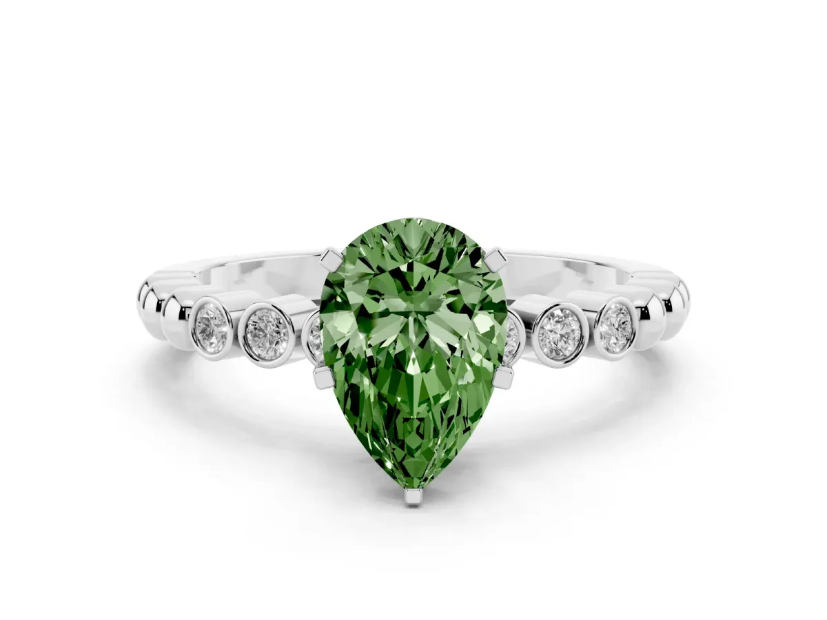 Fancy Green Pear Cut Solitaire Bezel Accent Diamond Engagement Ring with Beaded Band and Four-Prong Setting Platinum