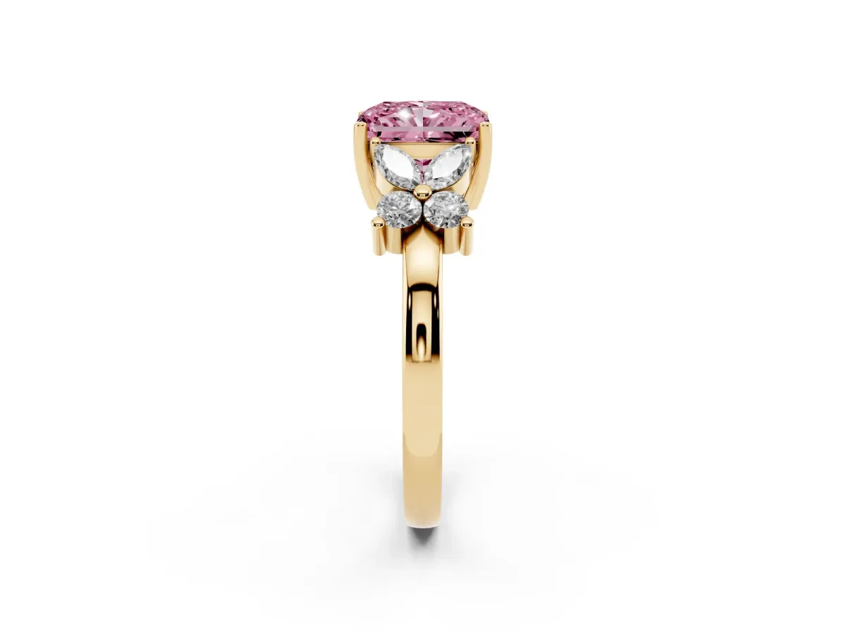 Fancy Pink Radiant Cut Diamond Floral Cluster Ring with Solitaire Band and Prong Setting Yellow gold