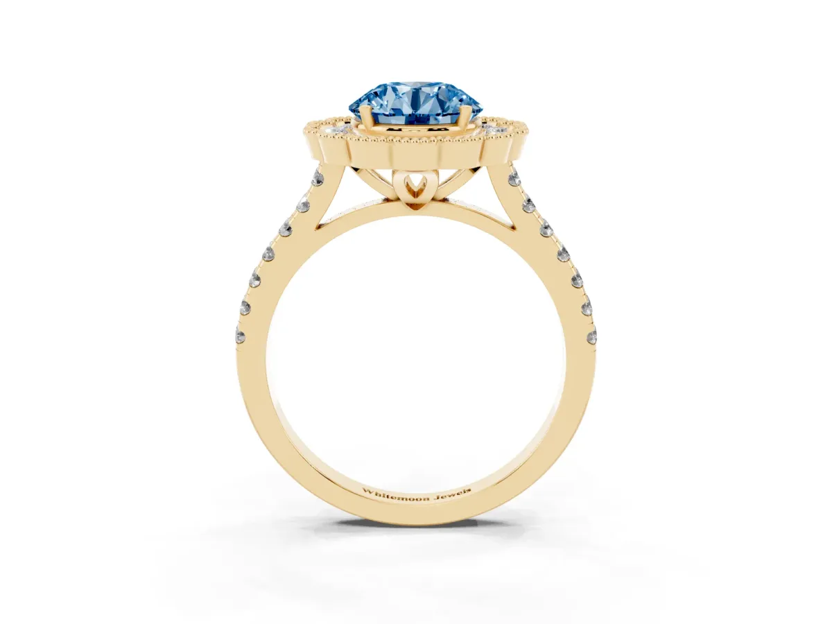 Fancy Blue Round Cut Cut Diamond Milgrain Floral Halo Engagement Ring with Pavé Band Yellow gold