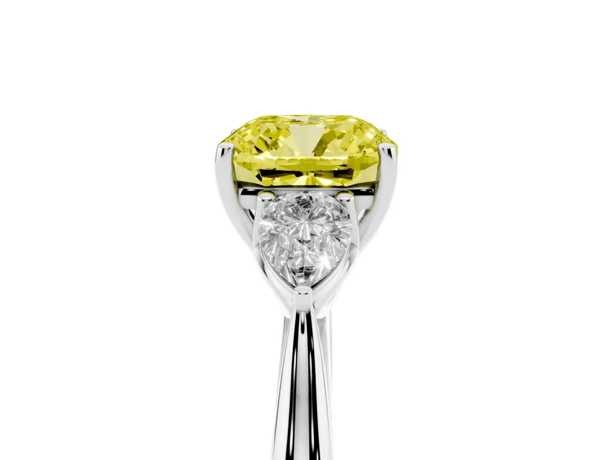 Fancy Yellow Cushion Cut Diamond Three-Stone Ring with Pear Side Stones and Prong Setting Platinum