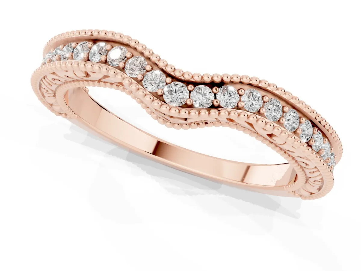 Pave Round Diamond Curved Milgrain Band Rose gold