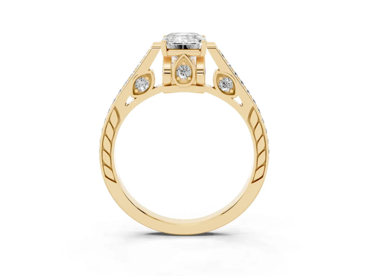 Emerald Cut Cut Cathedral Pave Diamond Engagement Ring with Six-Prong Setting Yellow gold