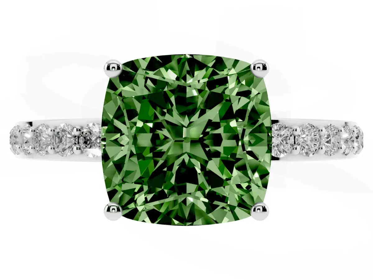 Fancy Green Cushion Cut Diamond Solitaire Ring with Pavé Band and Hidden Halo Platinum