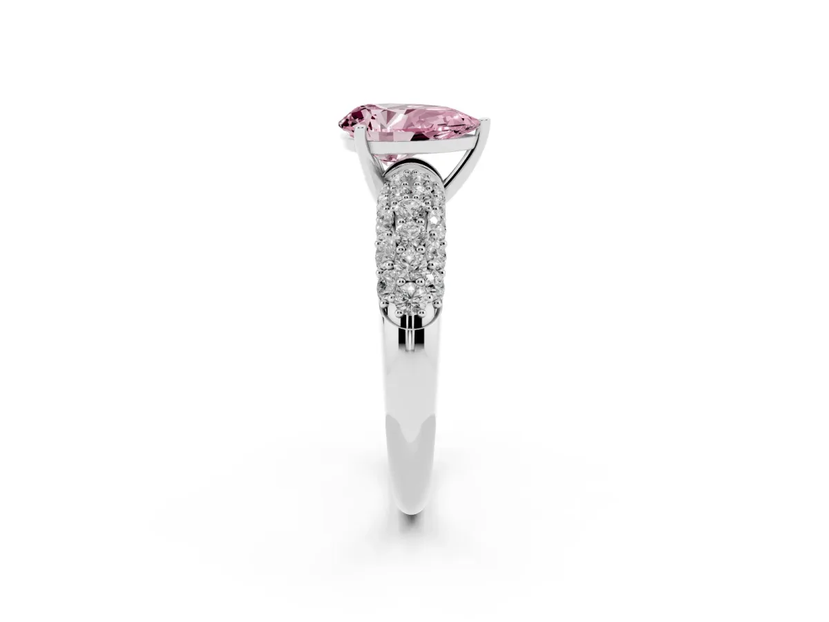 Fancy Pink Pear Cut Diamond Pavé Band Solitaire Ring with Four-Prong Setting Silver