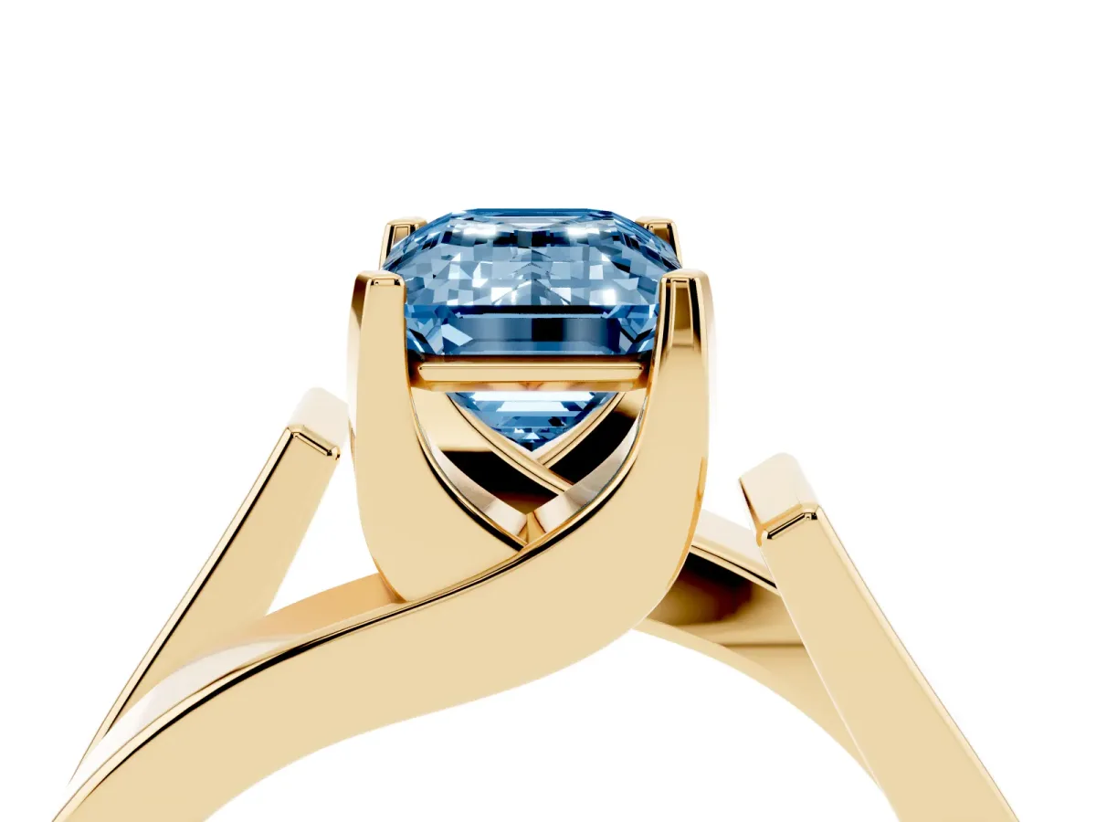Fancy Blue Modern Tension Set Emerald Cut Diamond Solitaire Wide Band Ring Yellow gold