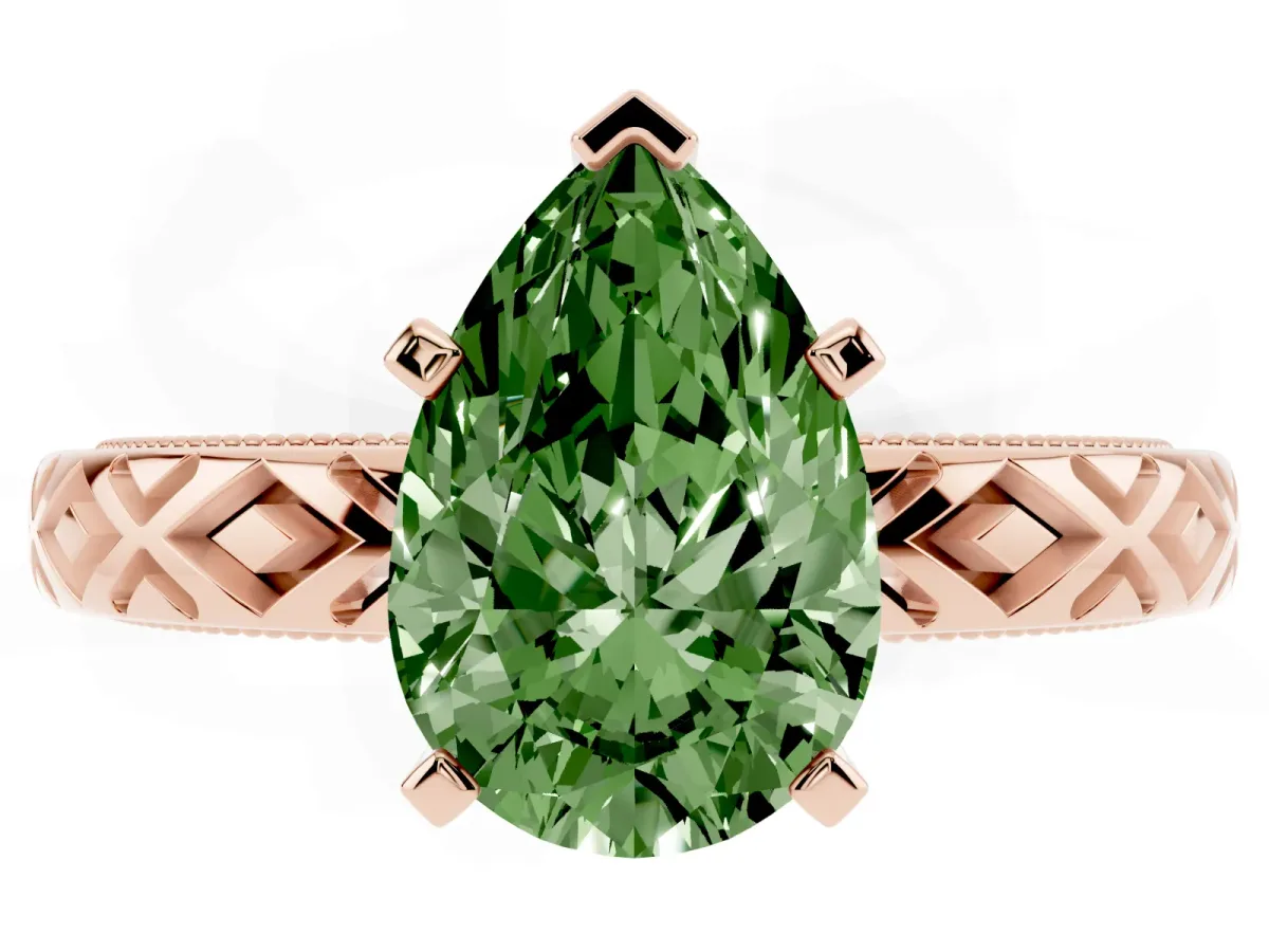 Fancy Green Pear Cut Solitaire Diamond Ring with Milgrain and Black Enamel X Pattern Band Rose gold