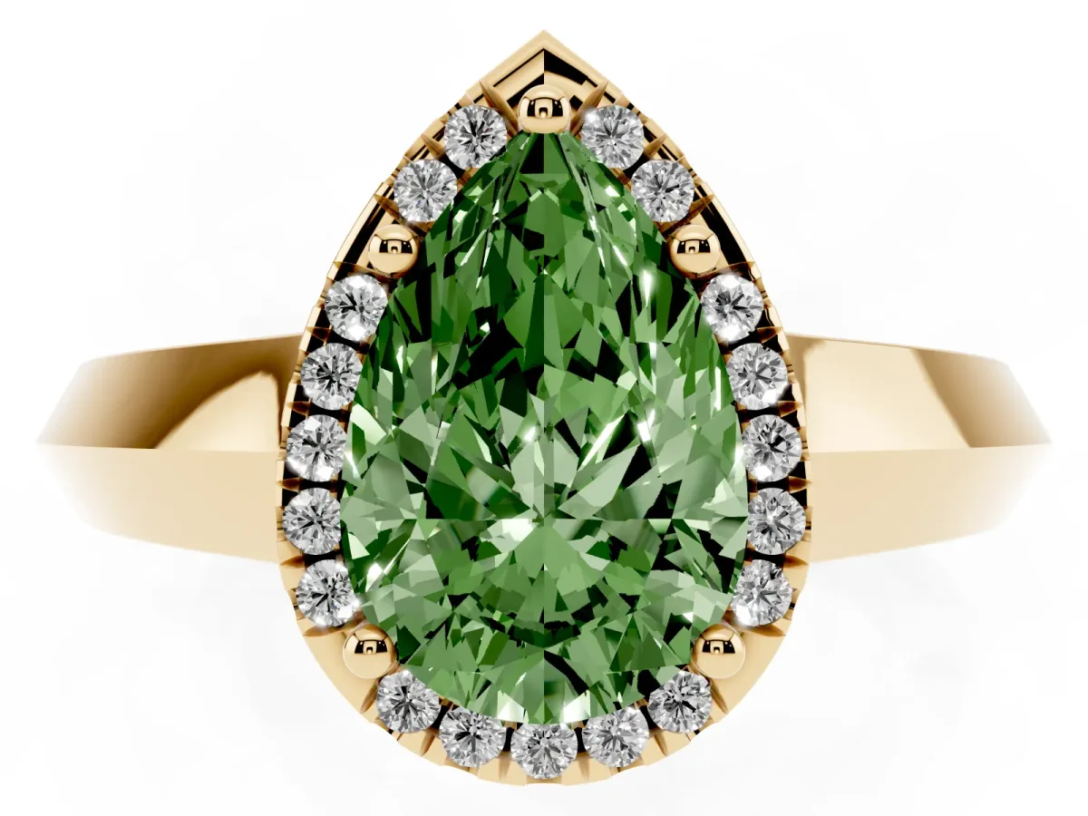 Fancy Green Pear Cut Halo Diamond Ring with Cathedral Band and Four-Prong Setting Yellow gold