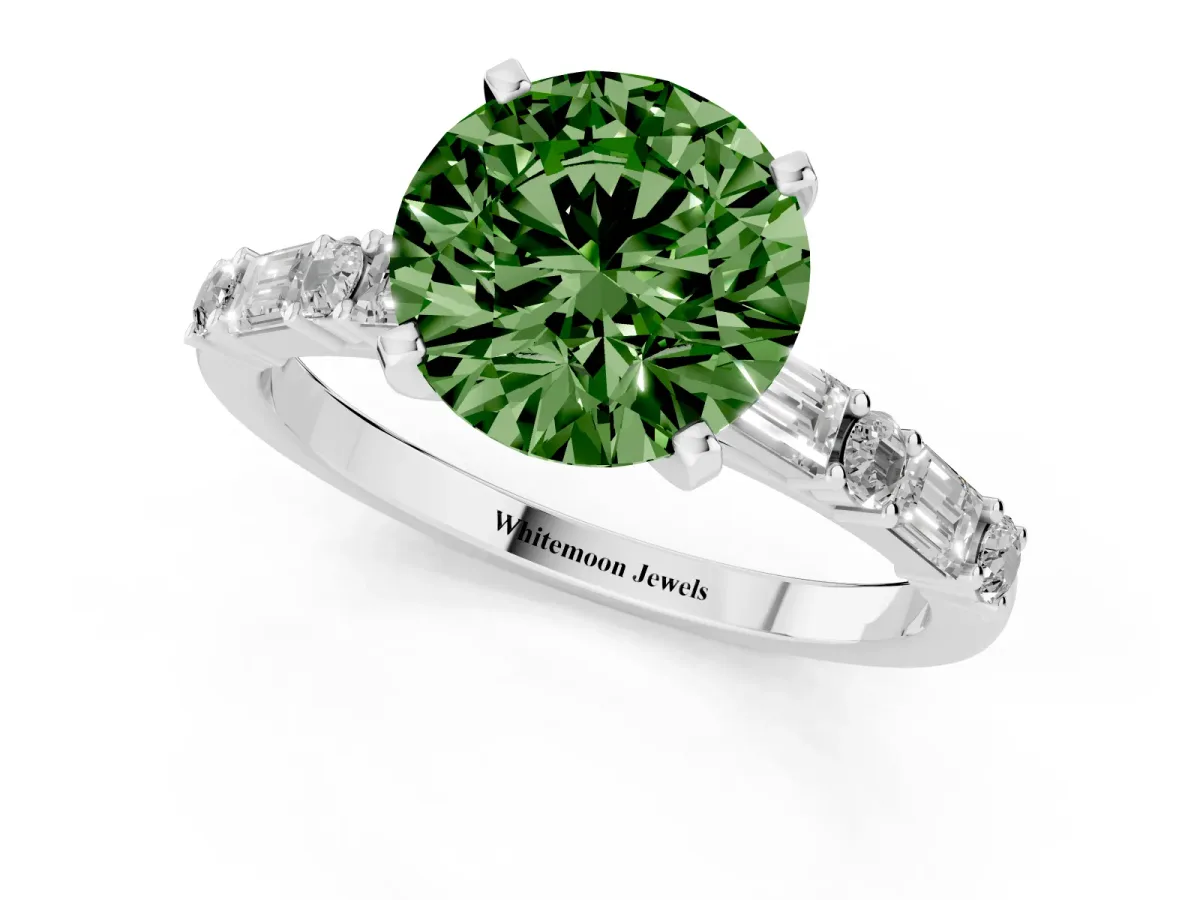 Fancy Green Round Cut Diamond Solitaire with Side Baguettes and Channel Set Band Silver