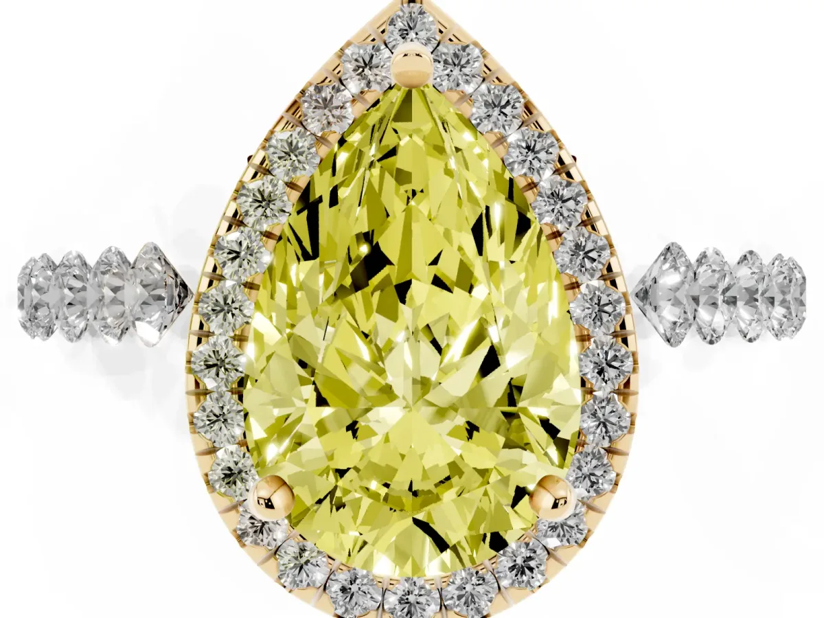 Fancy Yellow Pear Cut Halo Pavé Diamond Engagement Ring with Four-Prong Setting Yellow gold