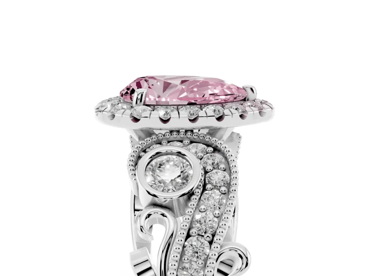 Fancy Pink Pear Cut Diamond Halo Ring with Milgrain Pavé Band and Four-Prong Setting Silver