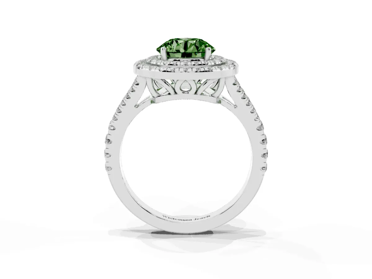 Fancy Green Round Cut Diamond Double Halo Ring with Pavé Band and Prong Setting Platinum