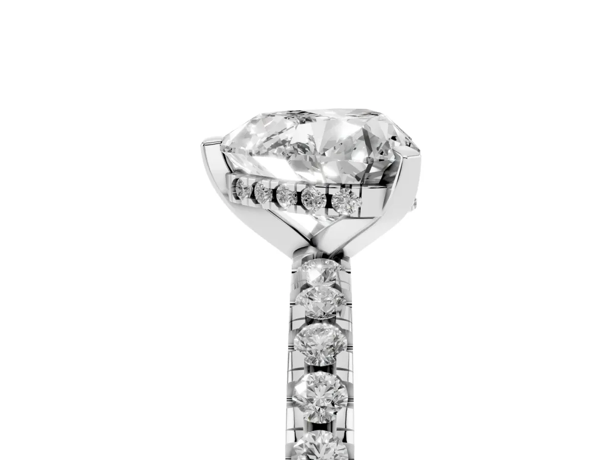 Heart Cut Diamond Solitaire Ring with Round Pavé Band and Four-Prong Setting Silver