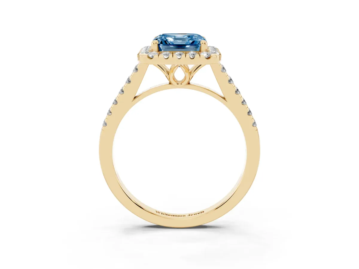 Fancy Blue Asscher Cut Halo Pavé Diamond Engagement Ring with Four-Prong Setting Yellow gold