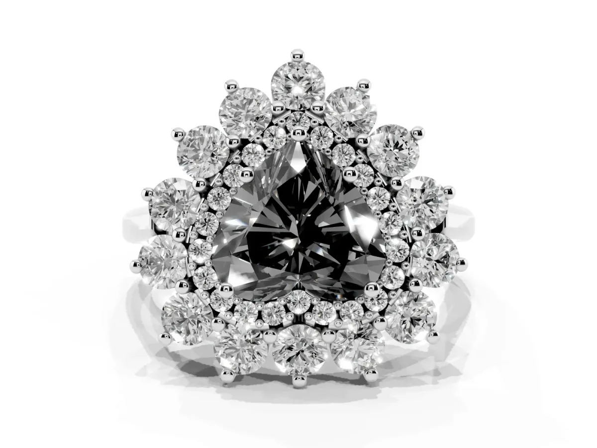 Fancy Black Heart Cut Diamond Floral Double Halo Engagement Ring with Prong Setting Silver